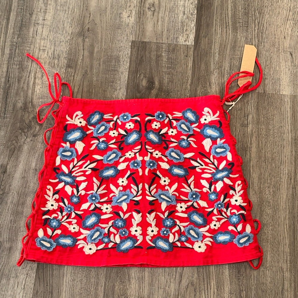 Jella Couture Red Skirt with Blue and White Floral Design